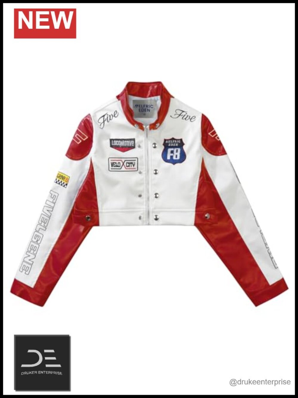 Cropped Faux Leather Moto Biker Jacket PU Embroidered Zip-Up Fitted